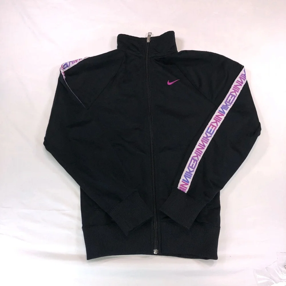 Nike Womens Track Jacket Black Purple Logo Tape Full Zip Size L RN56323